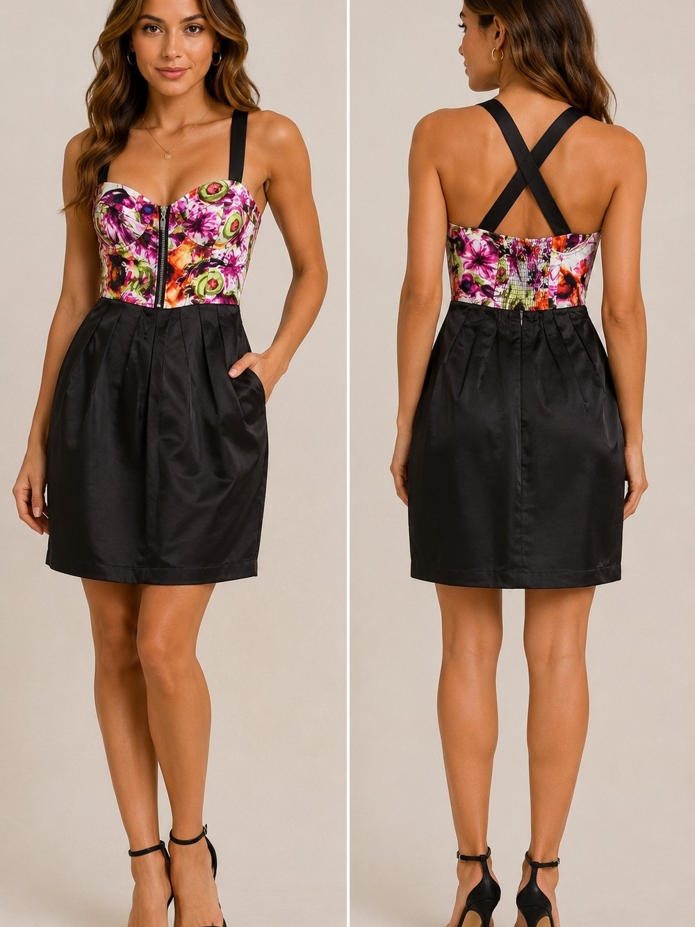 Lucy Paris NWT Floral Bustier Black Pleated Mini Dress